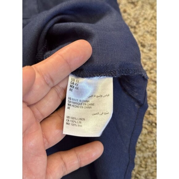 INC 100% Linen Blouse Top Navy Roll Tab Sleeves Front Knot Casual Minimalist 4X - Picture 2 of 8